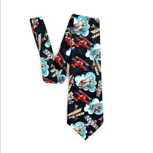 Vintage 80s-90s Renaissance handmade novelty necktie Aviation Biplane Theme